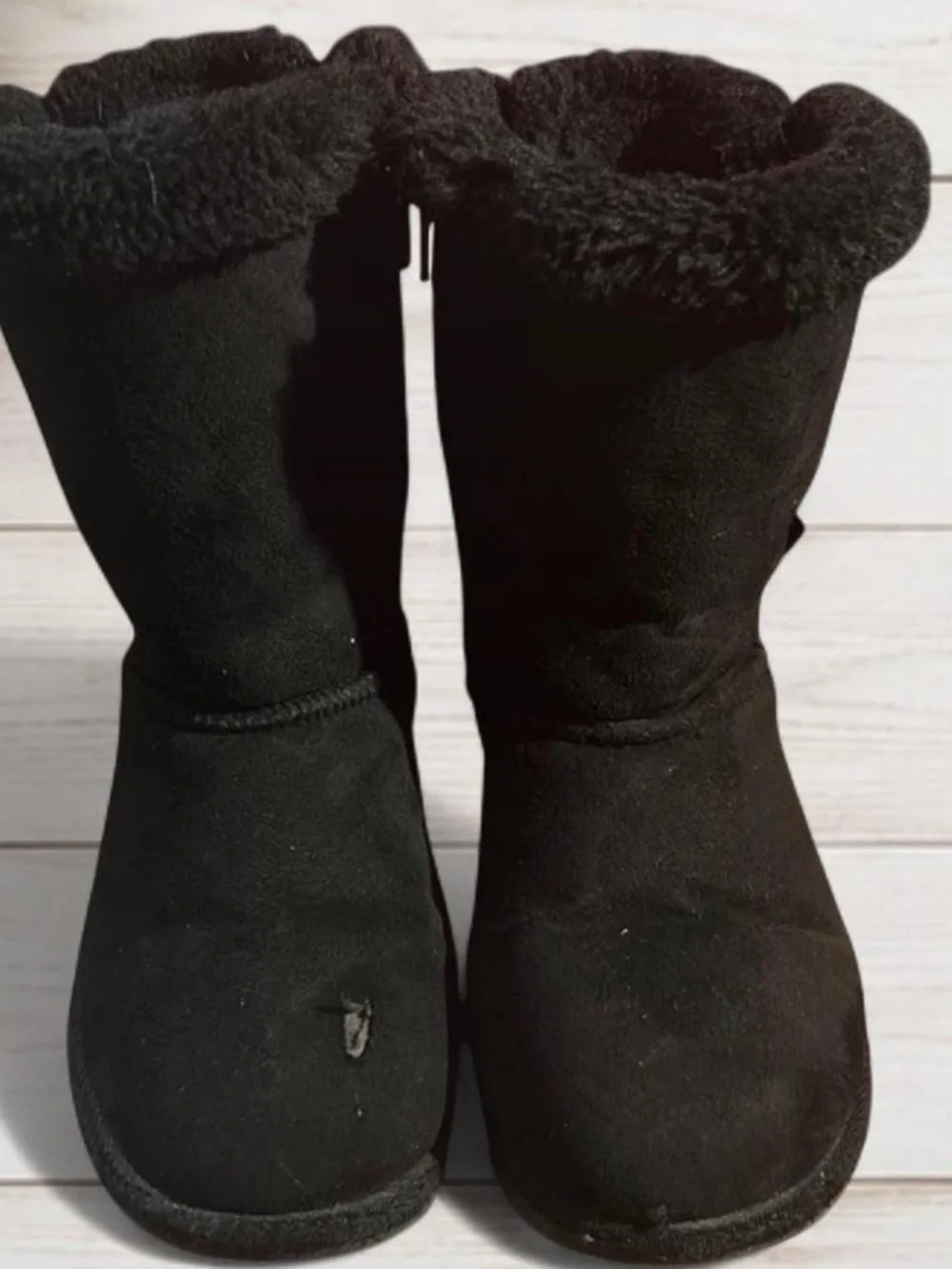 Girls 11 Black Faux-Sherpa Winter Boots Fur Lining Bow Detail Zip Up